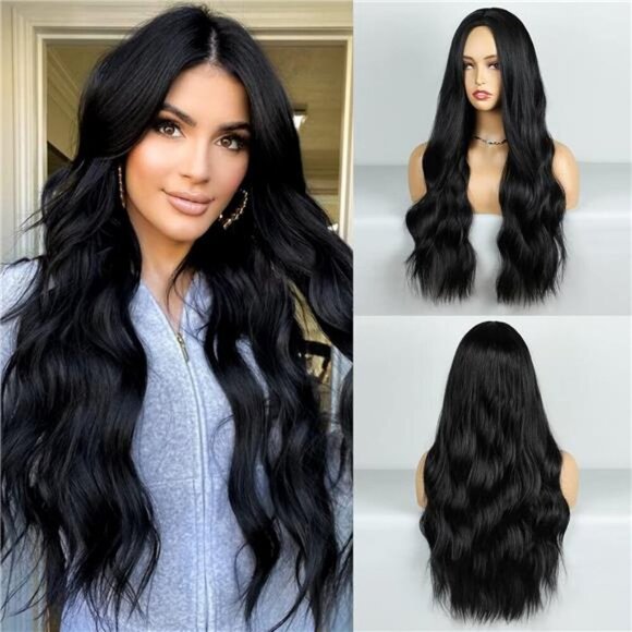 Black Wig Long Wavy Wig For Women Middle Part Wavy Wigs Synthetic Heat Resistant - Picture 1 of 4